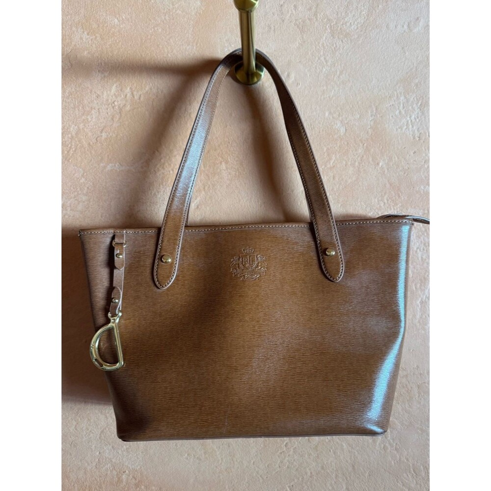 Lauren Ralph Lauren Brown Crest Logo Zip Top Tote Shoulder Bag